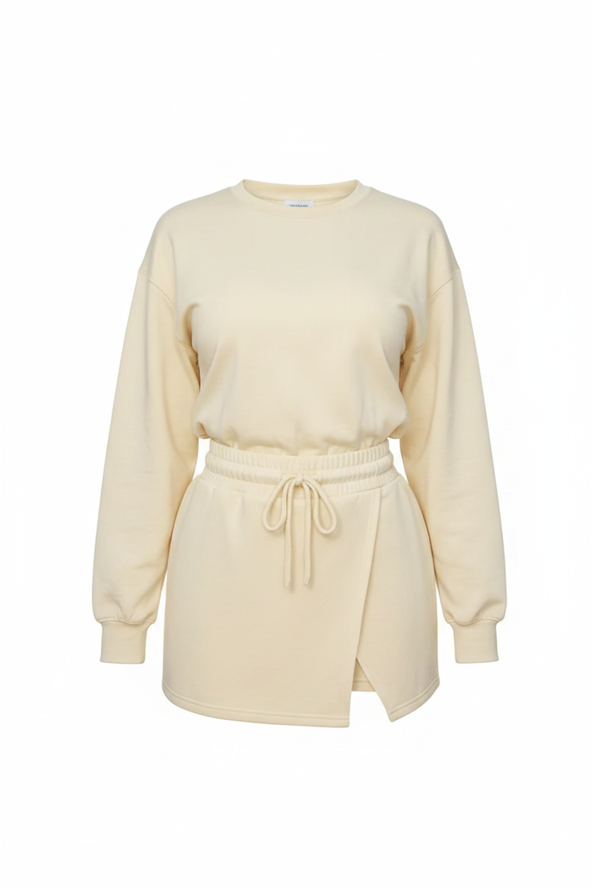 Front View – Cream Sweatshirt Mini Dress Set