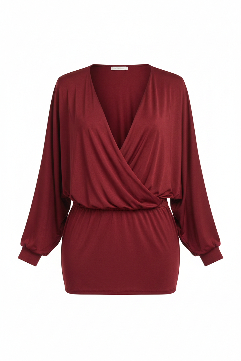 Deep-V Wrap Mini Dress in Burgundy – Ghost Mannequin Front View